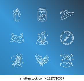 Magic icon set and butterfly with evil sorcerer, flask with eyeball and compass. Wizard cap related magic icon vector for web UI logo design.
