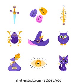 Magic icon set. Cartoon illustration of occult objects such as runestones, witch hat, magic wand, dagger, cat, owl, beetle and bag of herbs isolated on a white background. Vector 10 EPS.