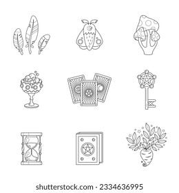 Conjunto de iconos mágicos. Ilustración de dibujos animados de objetos ocultos como hongos, hornillos, libro de hechizos, tarjetas tarot, goblet con poción, llave de oro y plumas aisladas en un fondo blanco. Vector 10 EPS.