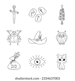 Magic icon set. Cartoon illustration of occult objects such as runestones, witch hat, magic wand, dagger, cat, owl, beetle and bag of herbs isolated on a white background. Vector 10 EPS.