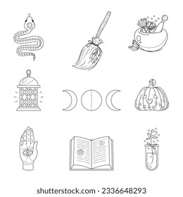 Magic icon set. Cartoon illustration of mystery symbols such as witch broom, spell book, snake, jar of potion, moon, lantern, pumpkin, mortar and pestle isolated on a white background. Vector 10 EPS.