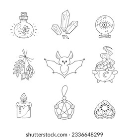Magic icon set. Cartoon illustration of occult objects such as cauldron, amulet, bottle of potion, crystals, herbs and candle isolated on a white background. Vector 10 EPS.