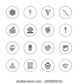 Magic icon set. collection of 16 outline magic icons with ancient aliens, cauldron, circus, dragon, dreamcatcher, crystal, magic hat, sparkler, potion, unicorn, wand icons.