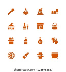 magic icon set. Collection of 16 filled magic icons included Cauldron, Magic, Champagne, Pagan, Voodoo, Elixir, Circus, trick, Witch hat, Birthday girl, wand