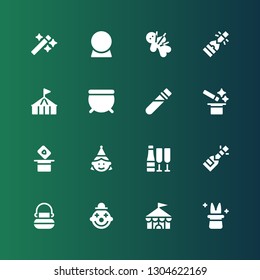 magic icon set. Collection of 16 filled magic icons included Magician, Circus, Clown, Cauldron, Champagne, Birthday girl, Magic, Elixir, Voodoo, Crystal ball, Wand