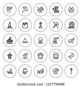 Magic icon set. collection of 25 outline magic icons with clown, cauldron, circus, dragon, excalibur, magic hat, princess, seer, sparkler, unicorn icons. editable icons.