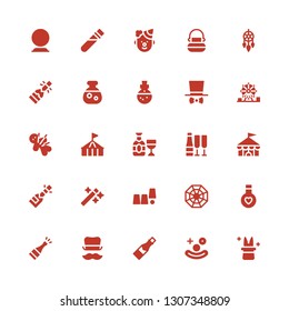 magic icon set. Collection of 25 filled magic icons included Magician, Clown, Champagne, Top hat, Elixir, Pagan, Magic trick, Wand, Circus, Voodoo, Amusement park, Costume, Potion