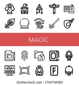 magic icon set. Collection of Crystal ball, Dreamcatcher, Witch, Eye of ra, Scepter, Magic wand, File, Rpg game, Sound editing, Rune, Princess, Fortunetelling, Amulet icons