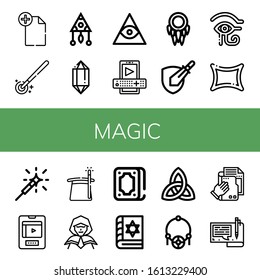 magic icon set. Collection of File, Magic wand, Dreamcatcher, Crystal, Freemasonry, Entertainment, Rpg game, Eye of ra, Rune, Sparkler, Magician, Wizard, Fortunetelling icons