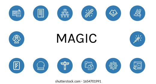 conjunto de iconos mágicos. Colección de archivos, champán, brillo, Mantle, Wizard, Rune, Crystal ball, Scepter, entretenimiento, iconos de Sparkler