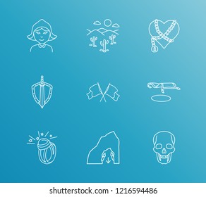 Magic icon set and dungeon with red riding hood, weapons and magic ring. Sand dunes related magic icon vector for web UI logo design.