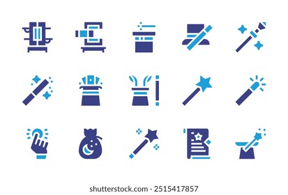 Magic icon set. Duotone color. Vector illustration. Containing wand, magicwand, magicstaff, magichat, magicdust, magicshow, magictrick, magicspell, card, magician.