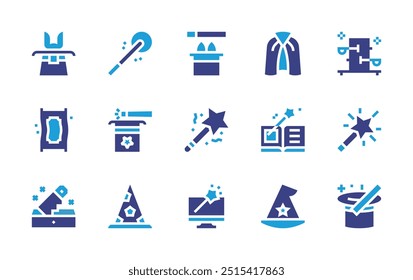 Magic icon set. Duotone color. Vector illustration. Containing magicwand, magiccarpet, wizardhat, photoediting, magiccape, magichat, magicbook, magic, saw.