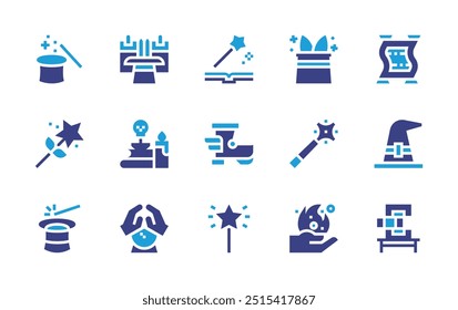 Magic icon set. Duotone color. Vector illustration. Containing magicwand, fairytale, magichat, magicday, magicboot, magic, blackmagic, crystalball.