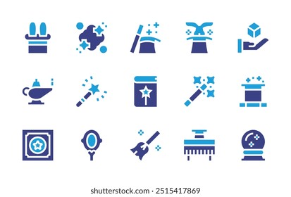 Magic icon set. Duotone color. Vector illustration. Containing magician, magicwand, magichat, magiclamp, magicbook, magicshow, dust, magicianhat.