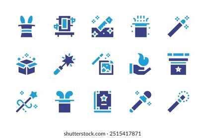 Magic icon set. Duotone color. Vector illustration. Containing magichat, fire, magicbook, magicwand, magicshow, magictrick, magicianhat, sawing, box.