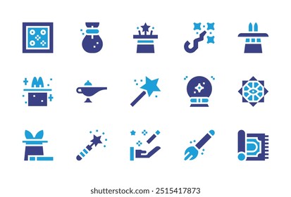 Magic icon set. Duotone color. Vector illustration. Containing lamp, magicwand, magicdust, magicball, magichat, magictrick, magicbroom, magic, hat, coin.