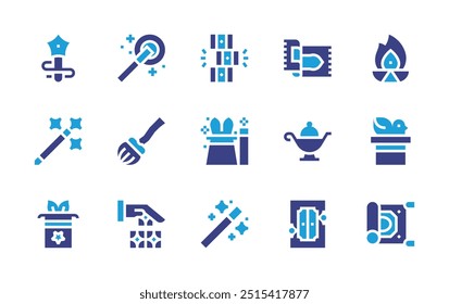 Magic icon set. Duotone color. Vector illustration. Containing fire, carpet, magicwand, magichat, magiccarpet, magictrick, magicbroom, magiclamp.