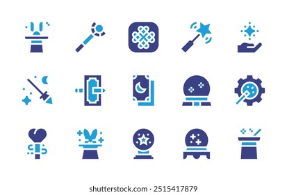 Magic icon set. Duotone color. Vector illustration. Containing celtic, staff, magichat, magictrick, magicball, magicwand, magicsymbols, magicbroom, magic.