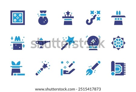 Magic icon set. Duotone color. Vector illustration. Containing lamp, magicwand, magicdust, magicball, magichat, magictrick, magicbroom, magic, hat, coin.