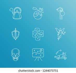 Magic icon set and fairy with playing card, kettle and warrior. Tactic related magic icon vector for web UI logo design.