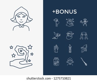 Magic icon set and flask with eyeball with troll, evil sorcerer and tooth fairy. Castle related magic icon vector for web UI logo design.