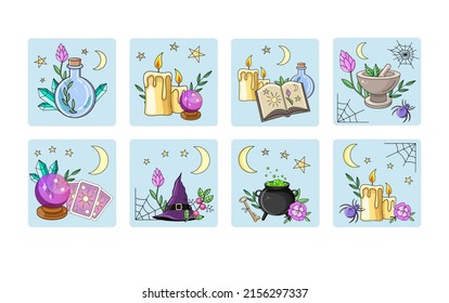Magic icon set. A kit of magical items. Vector cartoon illustration. Flat illustration for halloween.