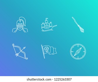 Magic icon set and pirate flag with bow with arrow, flying broom and ship. Medieval helmet related magic icon vector for web UI logo design.