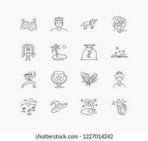 Magic icon set and queen with location map, monster and reward. Palm related magic icon vector for web UI logo design.