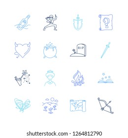 Magic icon set and queen with sword attack, witch boiler and tombstone. Weapon related magic icon vector for web UI logo design.