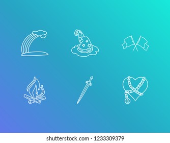 Magic icon set and sword attack with cursed heart, rainbow and crossed flag. Sky related magic icon vector for web UI logo design.