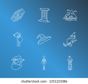 Magic icon set and tower with island, witch hat, warrior. Didactic related magic icon vector for web UI logo design.