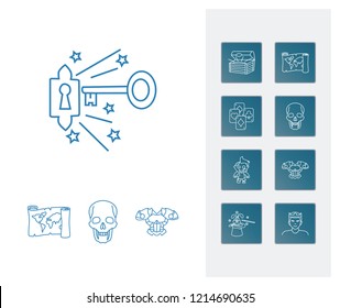 Magic icon set and treasure with necromancer, old map and armor. Child related magic icon vector for web UI logo design.