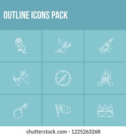 Magic icon set and magic wand with sitting lion, note in bottle and bomb. Leo related magic icon vector for web UI logo design.
