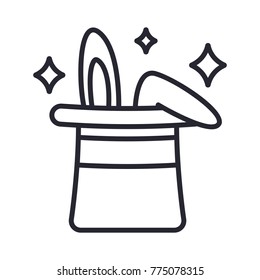 Magic icon. Trick line icon. Outline wizard symbol design. Cute rabbit in hat. Miracle icon concept. Wizard's hat with a rabbit ears. Vector modern line icon isolated on white background