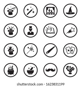 Magic Icons. Black Flat Design In Circle. Vector Illustration.