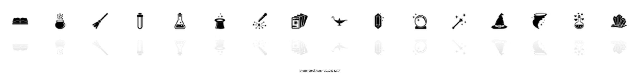 Magic icons - Black horizontal Illustration symbol on White Background with a mirror Shadow reflection. Flat Vector Icon.