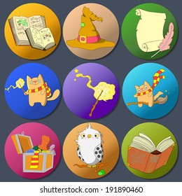 Magic icons: magic cat, book, chest, owl, magic hat, scroll. vector.