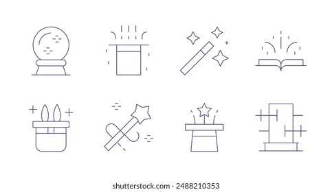 Magic icons. Editable stroke. Containing magic, magicball, magichat, magicshow, magictrick, magicwand, openbook.
