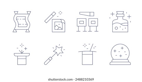 Magic icons. Editable stroke. Containing entertainment, magicball, magiccarpet, magichat, magictrick, magicwand, miracle.