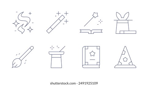 Magic icons. Editable stroke. Containing birthdayandparty, fairytale, magic, magicbook, magicbroom, magichat, magicwand.