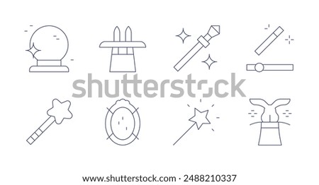 Magic icons. Editable stroke. Containing crystalball, magichat, magicmirror, magicstaff, magicwand, magician.