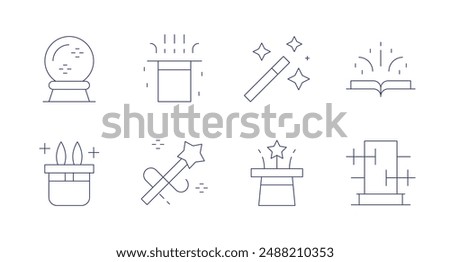Magic icons. Editable stroke. Containing magic, magicball, magichat, magicshow, magictrick, magicwand, openbook.
