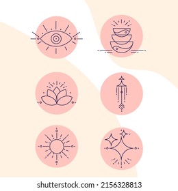 Magic icons on abstract background. For illustration, website or packaging. Yoga, stars, moon, sun, eye of the Oracle, lotus and peace.