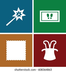 Magic Icons Set. Set Of 4 Magic Filled Icons Such As Carpet, Foot Carpet, Magic Hat