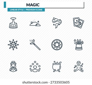 magic icons set - acrobatic, dust, smoke, magic trick, voodoo outline vector collection.