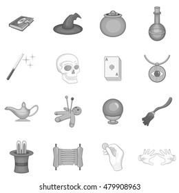 Magic icons set in black monochrome style. Magician equipment set collection vector illustration