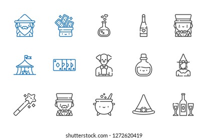 magic icons set. Collection of magic with champagne, witch hat, cauldron, magician, magic wand, witch, potion, clown, magic trick, circus, love potion. Editable and scalable icons.