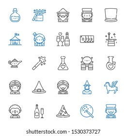 magic icons set. Collection of magic with magician, magic wand, wizard, champagne, clown, pegasus, witch, witch hat, seer, potion, lamp. Editable and scalable icons.