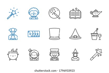 magic icons set. Collection of magic with magic wand, witch, magician, cauldron, champagne, witch hat, top hat, trick, clown, lamp. Editable and scalable icons.